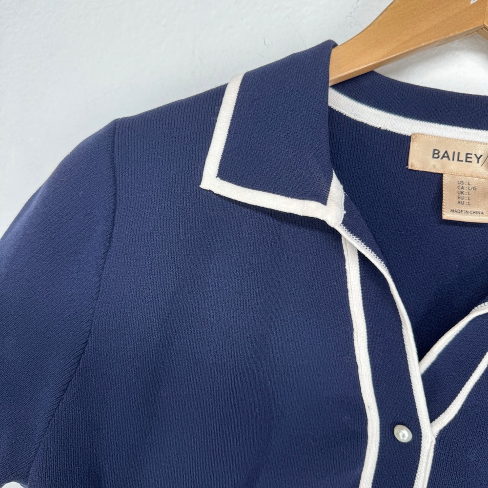 Bailey 44 Navy Blue White Contrast Trim Knit Button Front Polo Cardigan Top L - Picture 4 of 8